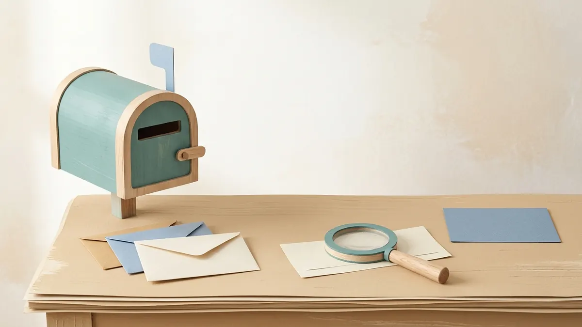 Paper-cut mailbox with plain envelopes, a magnifying glass over a blank check, and a desk calendar.