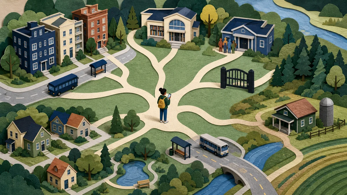 A renter stands at the center of a branching neighborhood map with several housing and community-help destinations.