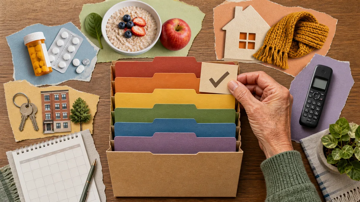 An older hand files a checkmark card beside folders for food, medicine, housing, heat, and phone help.