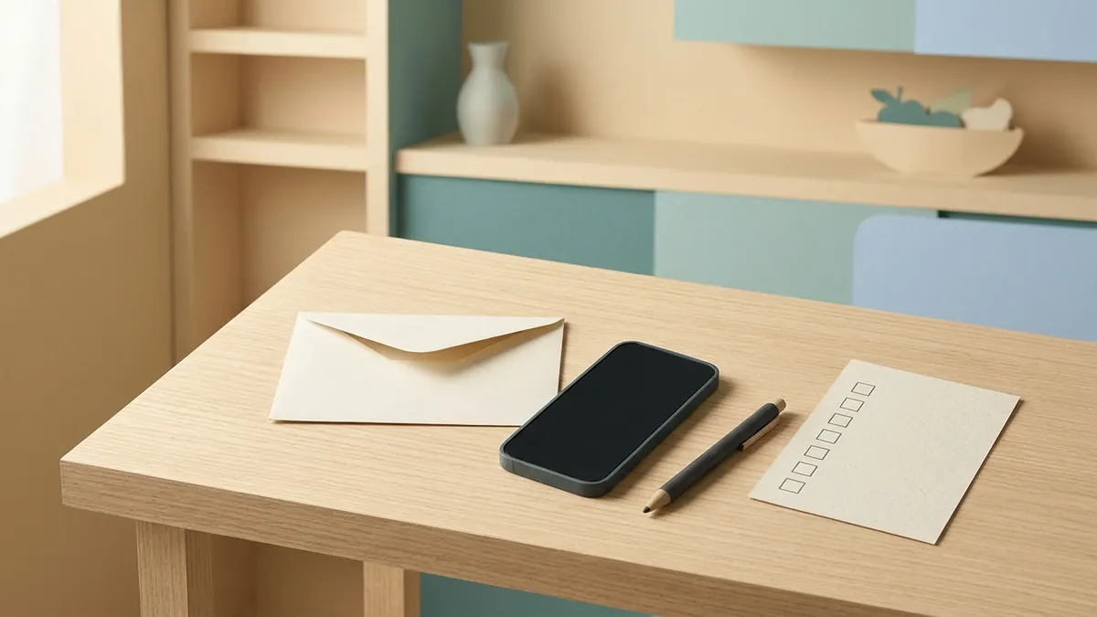 A kitchen table with an opened envelope, a phone and a pen, ready to check a claim