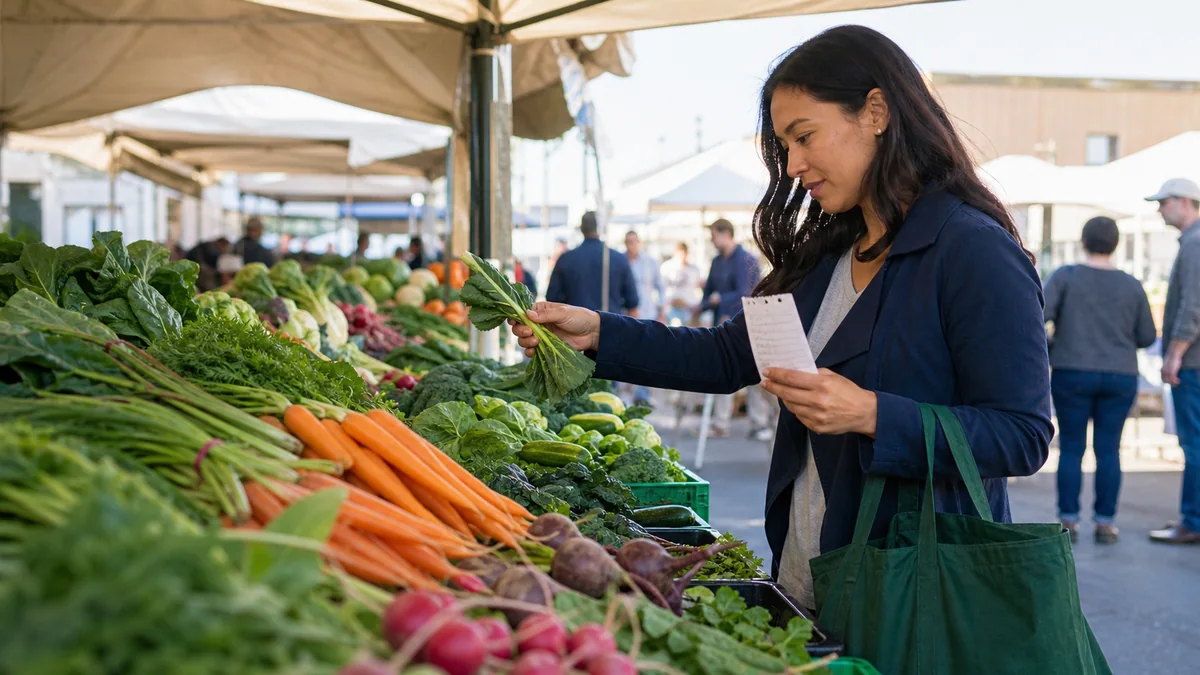 A shopper selects fresh vegetables at an outdoor market while checking a grocery list.