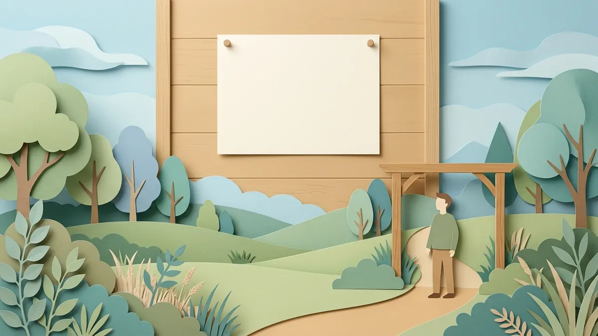 Paper-cut calendar with small wooden figures marking hours, next to a grocery bag and a plain health card.