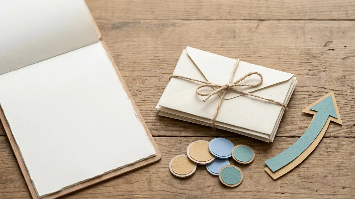 Paper-cut calendar page for January beside plain envelopes and a small paper arrow rising over coins on a table.