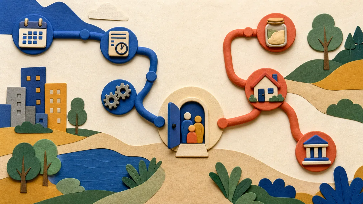 Two tactile map routes show a work-credit path and an income-and-resource path.