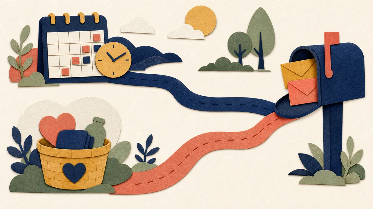 Two paper paths, one for a work record and one for financial need, meet at a mailbox.
