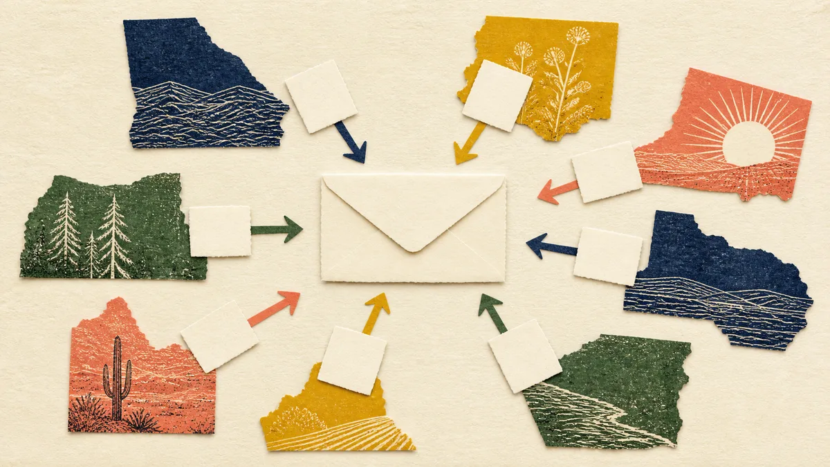 Layered paper state shapes add small refund slips to one federal tax return envelope.
