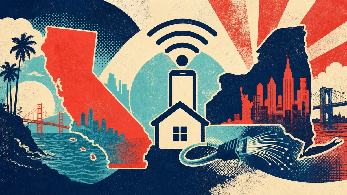 A screen-print map collage links California and New York shapes with phone and broadband signals.