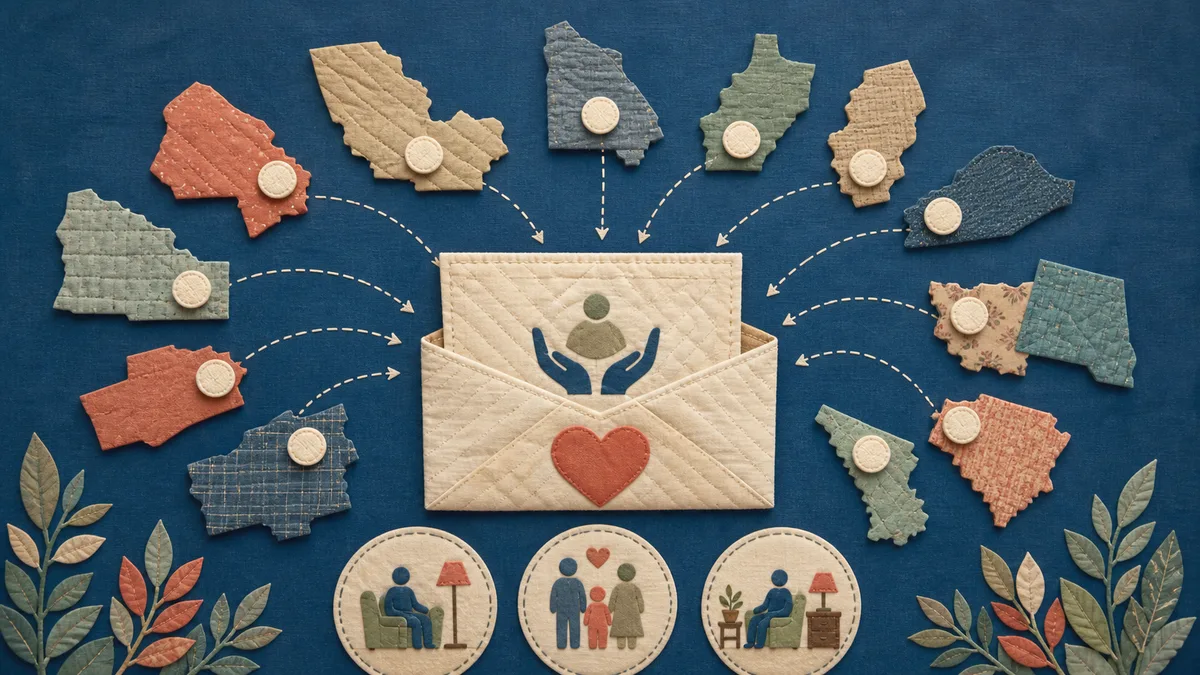 Layered state-shaped paper pieces add to a federal SSI payment path for different living settings.