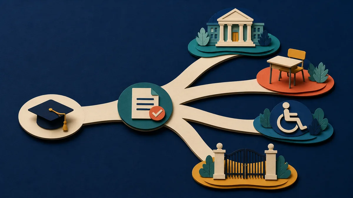 A paper-cut path branches from a student loan record toward four different federal relief routes.