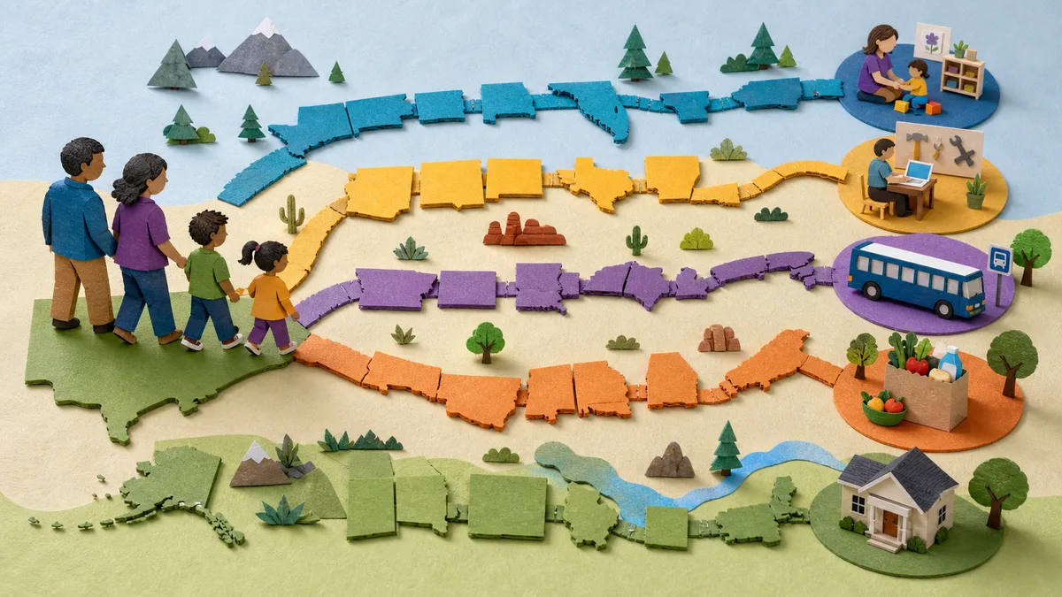 A paper family follows a state-shaped path through child care, work, and basic-needs symbols.