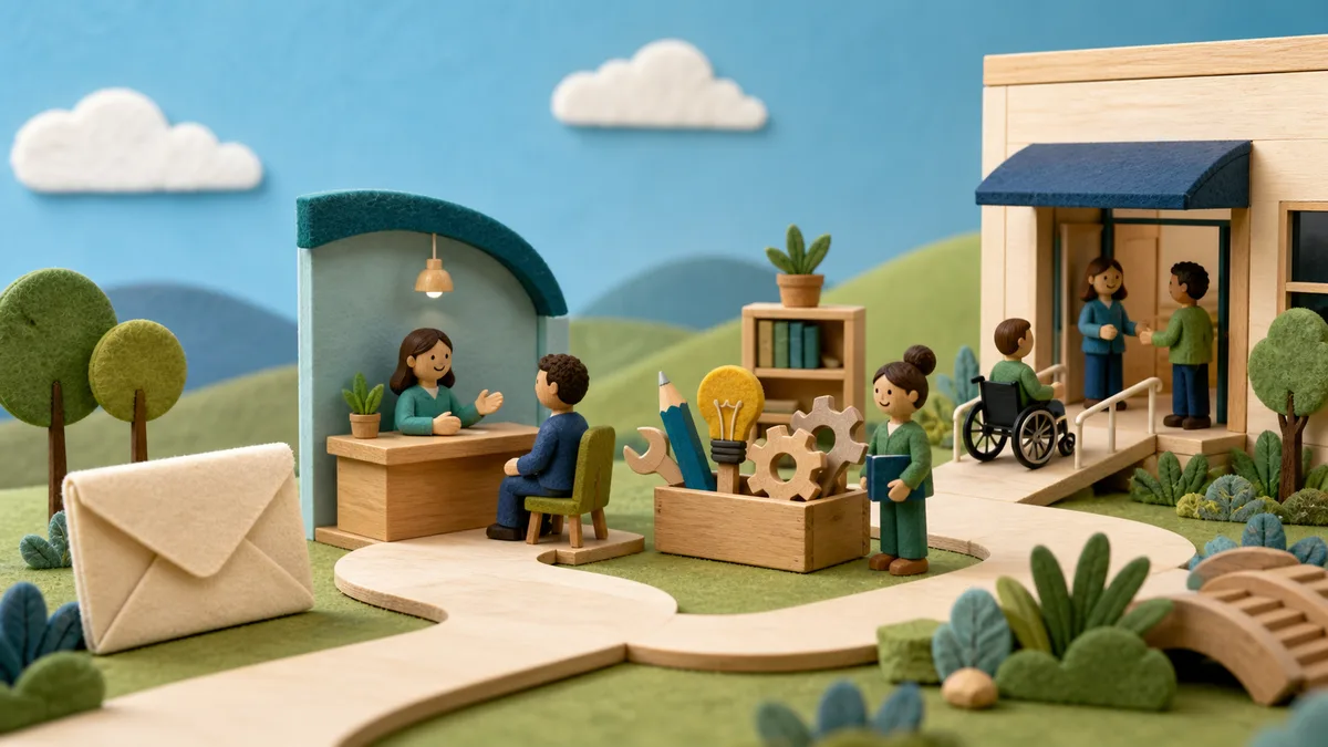 A tactile path moves from disability benefits through counseling and training toward a supported job.