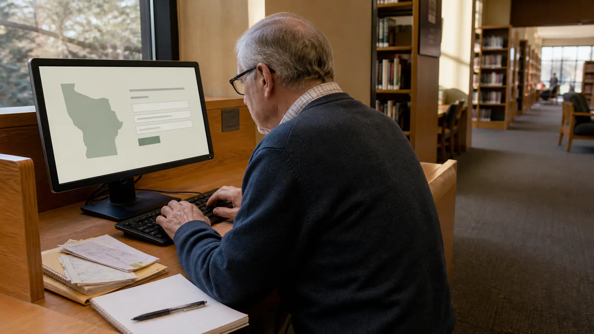 An older adult uses a public library computer to search an official state website.