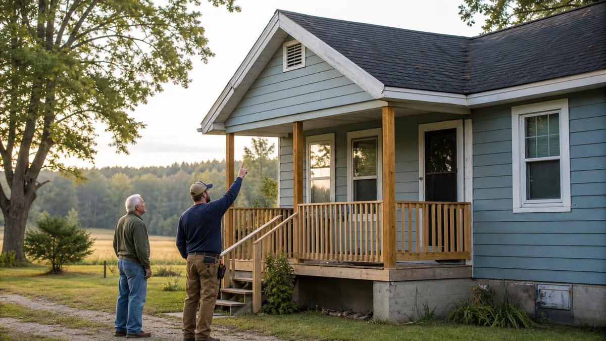 An older rural homeowner and a repair professional inspect a repaired porch and roof trim.