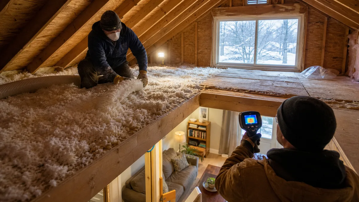 Weatherization workers add attic insulation and check a home for heat loss.