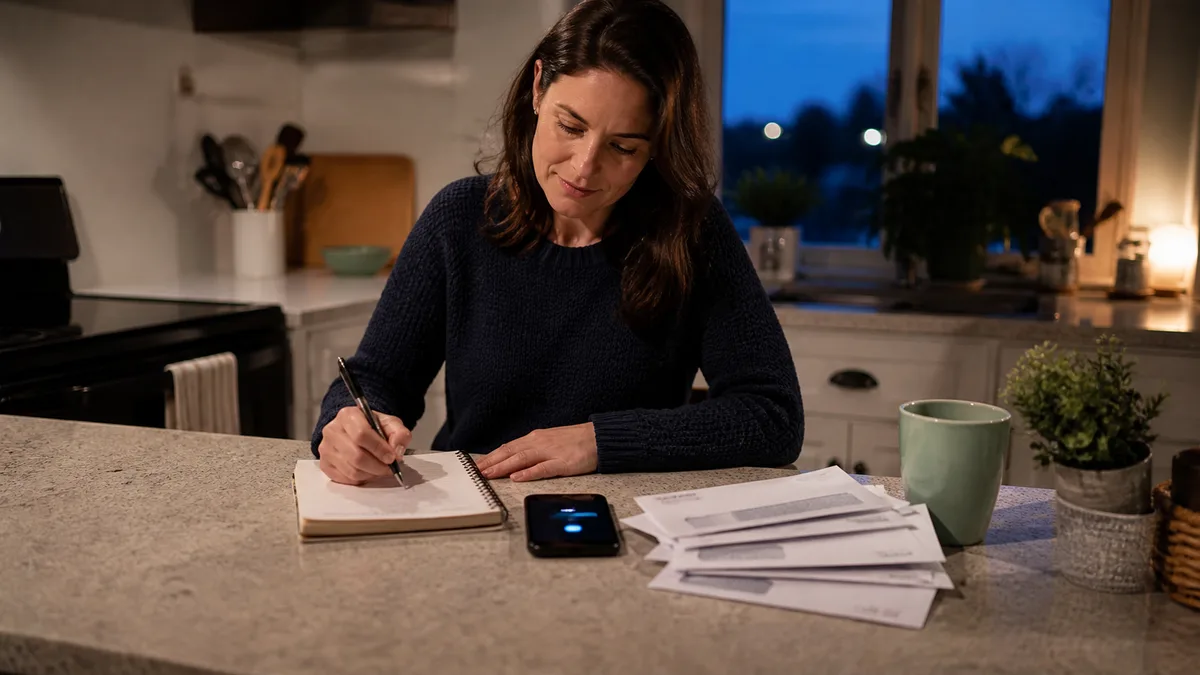 A woman calmly records details from a collection call beside her phone and sealed letters.