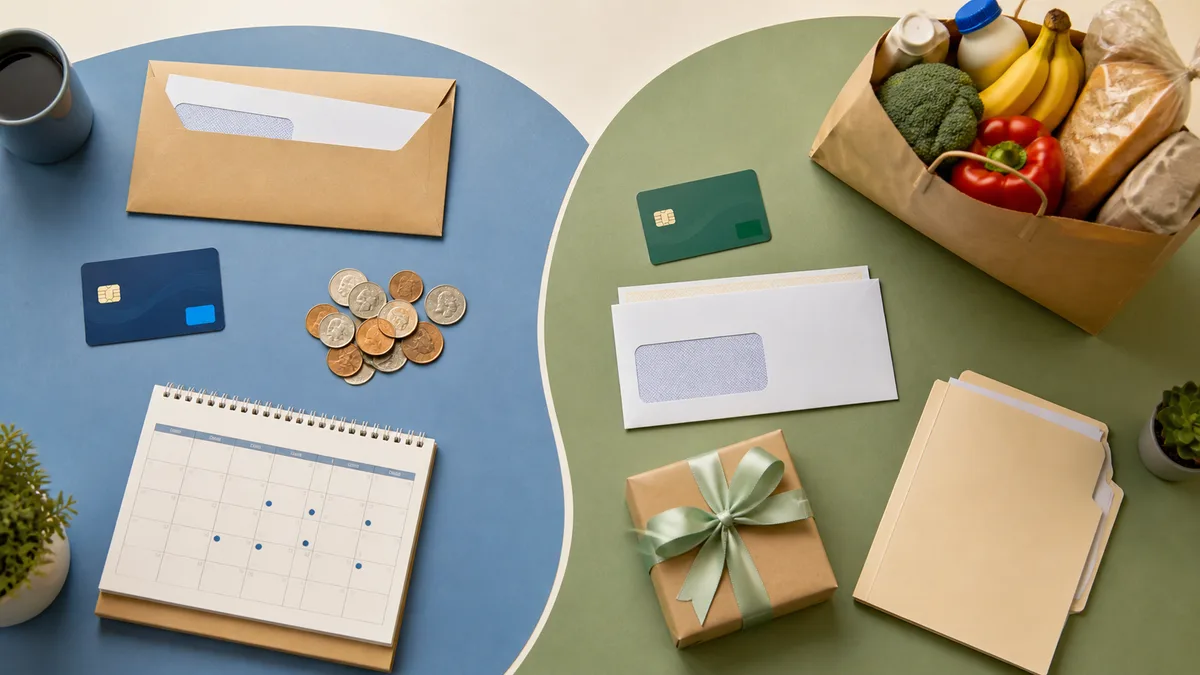 A divided tabletop separates recurring income records from groceries, a tax refund, a gift, and a loan file.