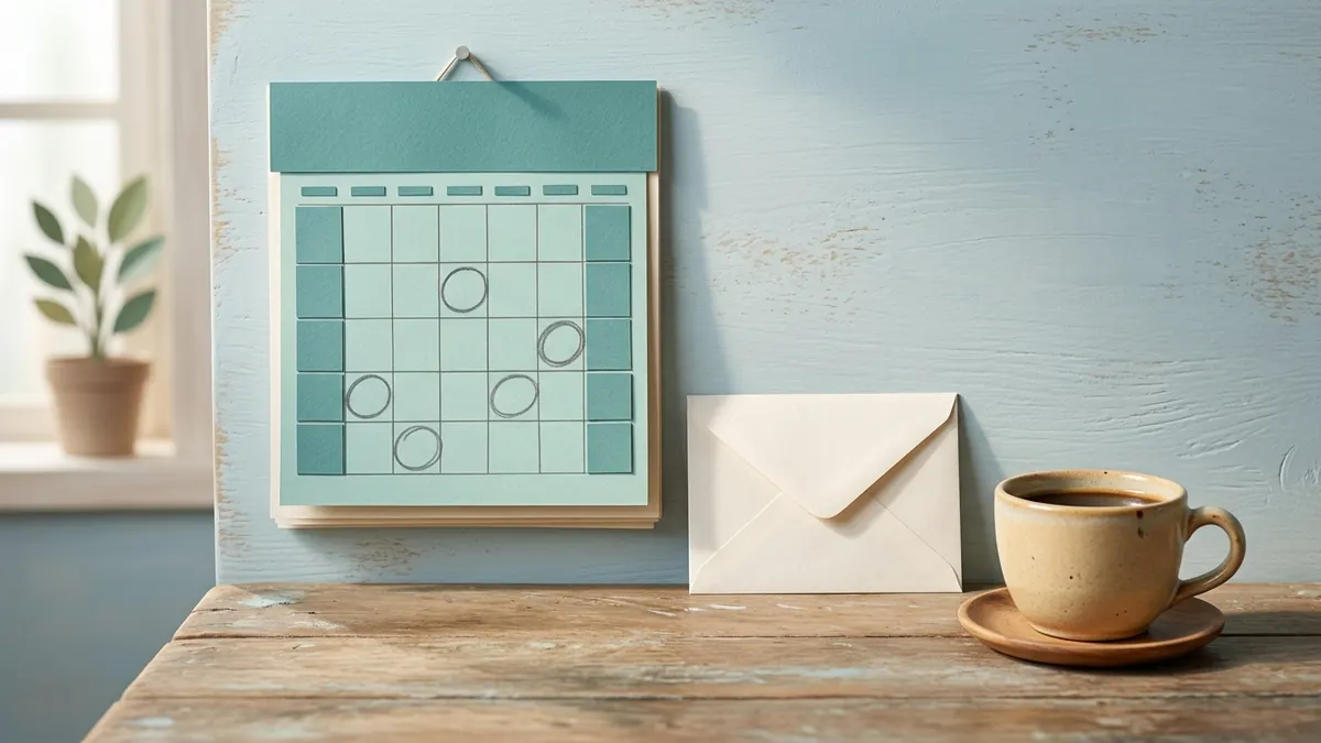 A paper wall calendar with several days circled in pencil, next to a plain white envelope and a cup of coffee on a kitchen table.