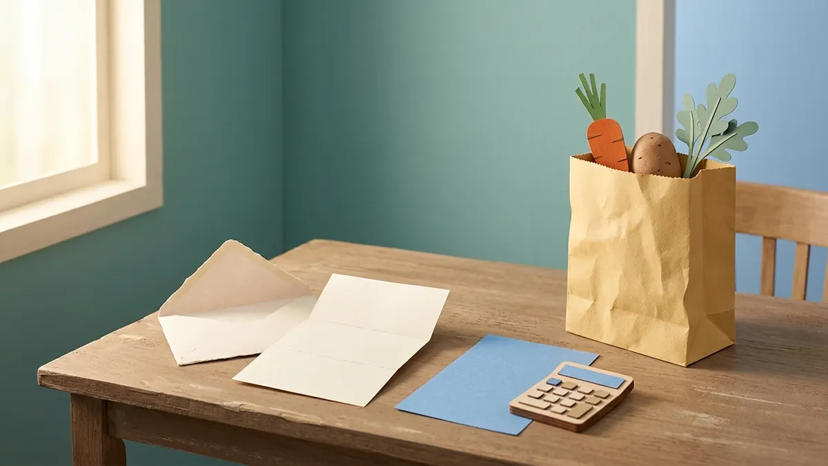 A kitchen table with an opened letter, a utility bill, a calculator, and a few groceries in a paper bag.
