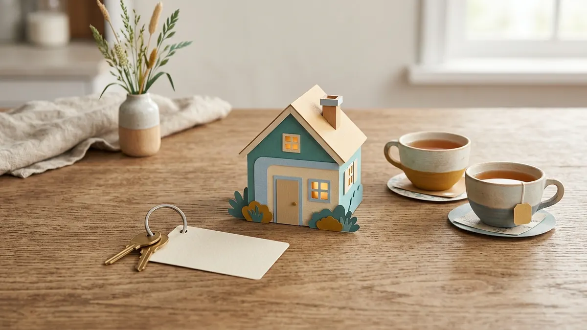 A small paper house on a kitchen table beside house keys, a calendar page, and two teacups.