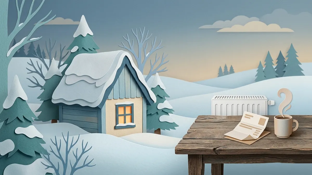 Paper-cut house in snow with a warm glowing window, next to a radiator, a folded bill, and a steaming mug.